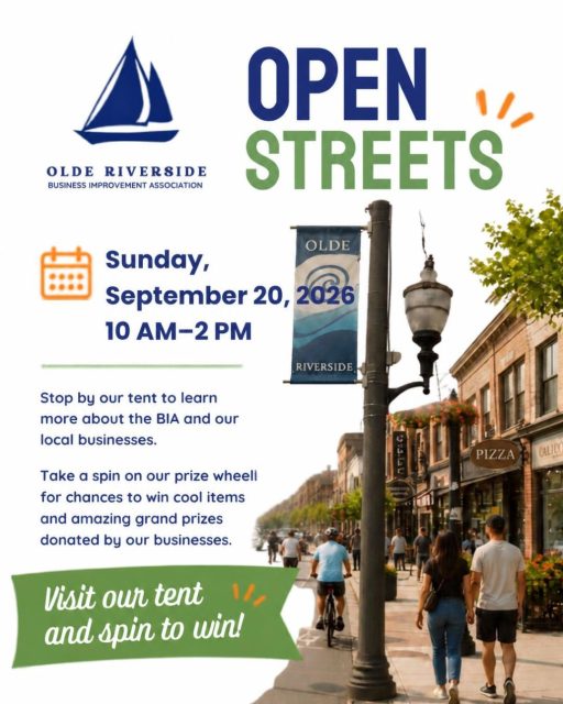 🌟 Open Streets is Coming to Olde Riverside! 🌟

Mark your calendars, Riverside! On Sunday, September 20 from 10am–2pm, Olde Riverside will once again be part of the City of Windsor’s Open Streets!

For the day, the streets will be closed to vehicles and opened up for the community to walk, roll, explore, connect and enjoy everything our neighbourhood has to offer.
The Olde Riverside BIA will have our tent set up where you can stop by, say hello, learn more about the BIA and discover some of the wonderful local businesses in our district.

And of course… we’ll have our prize wheel! 
Stop by and take a spin for your chance to win some fun prizes, including a few grand prizes from some of our amazing Olde Riverside businesses! 🎉

It’s always such a great day to get outside, explore the neighbourhood and enjoy Olde Riverside with our community. We can’t wait to see you there!
👉🏻 For more information about Open Streets Windsor, visit: https://www.citywindsor.ca/residents/recreation/special-events/open-streets-windsor

📍 Olde Riverside (Wyandotte St E. From Jefferson - Thompson) 
📅 Sunday, September 20, 2026
⏰ 10am–2pm

Come out, bring the family, bring your friends and come enjoy Open Streets with us! 

#OldeRiverside #OldeRiversideBIA #OpenStreetsWindsor #WindsorOntario #YQG #ShopLocal #SupportLocal #ExploreWindsor #Community